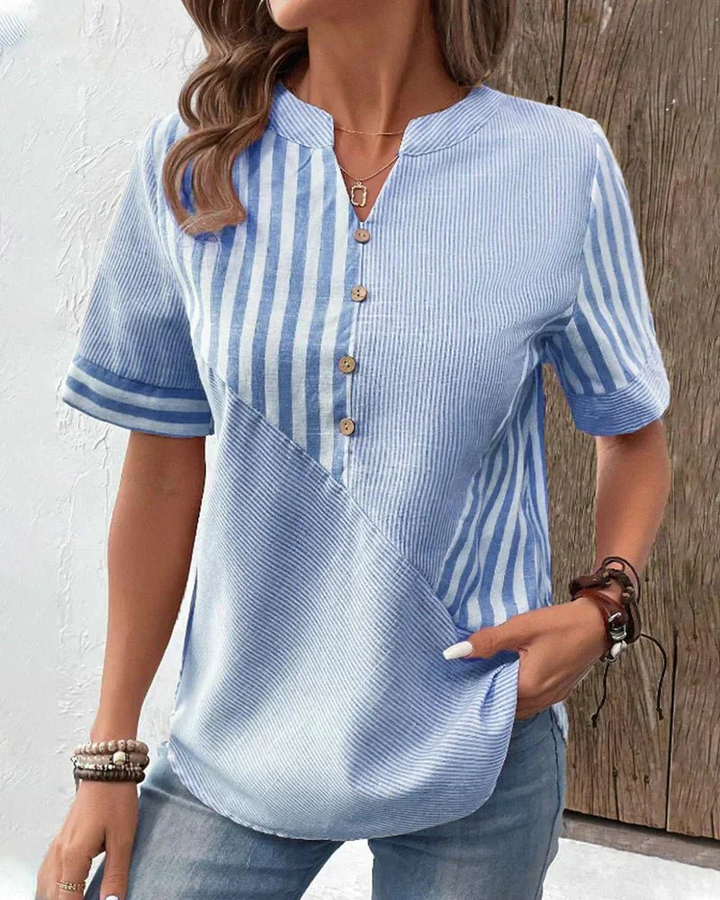 Jamie | Women's Cotton Striped Colorblock Half-Button Blouse