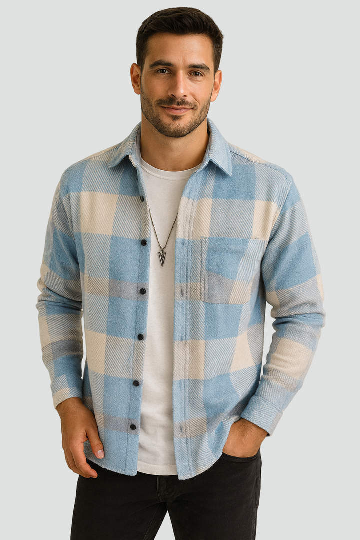 Warm Light Blue Checked Flannel Overshirt for Men