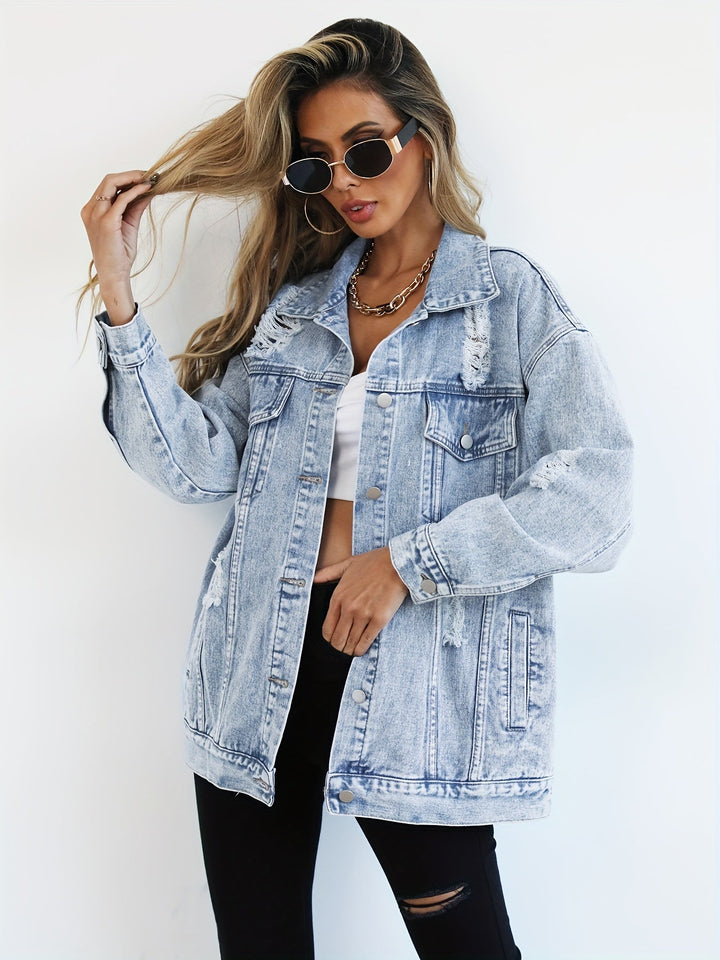 Women's Denim Jacket Relaxed Fit & Cool Distressed Details, view 2 - Elena Harper