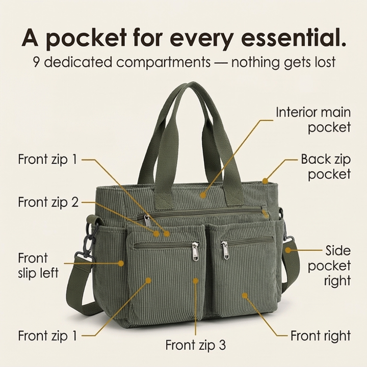 Clovera Multi Pocket Corduroy Shoulder Bag, view 8 - Elena Harper