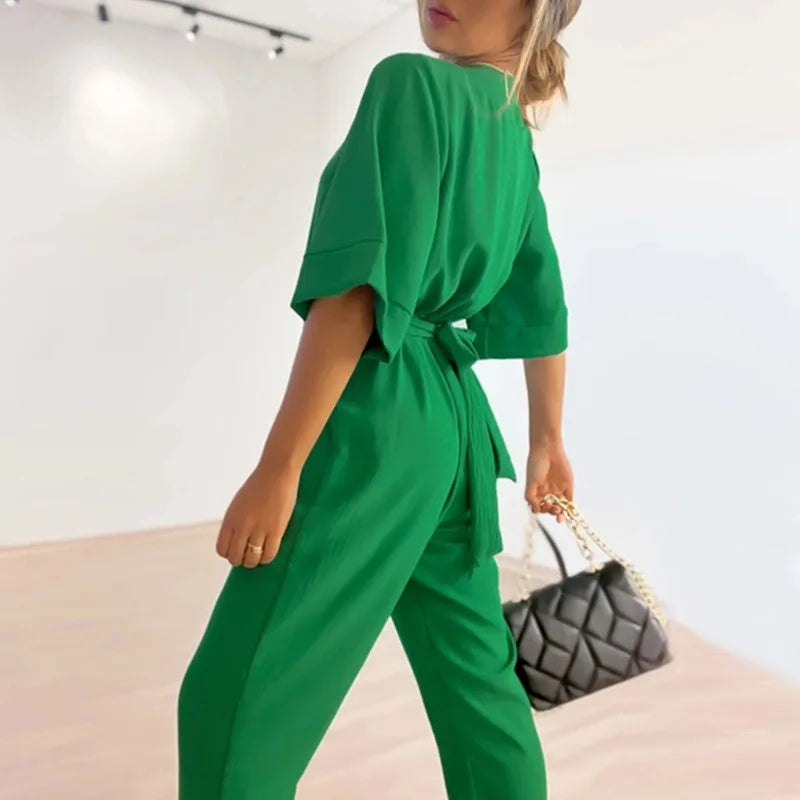 Simple short-sleeve jumpsuit with V-neck