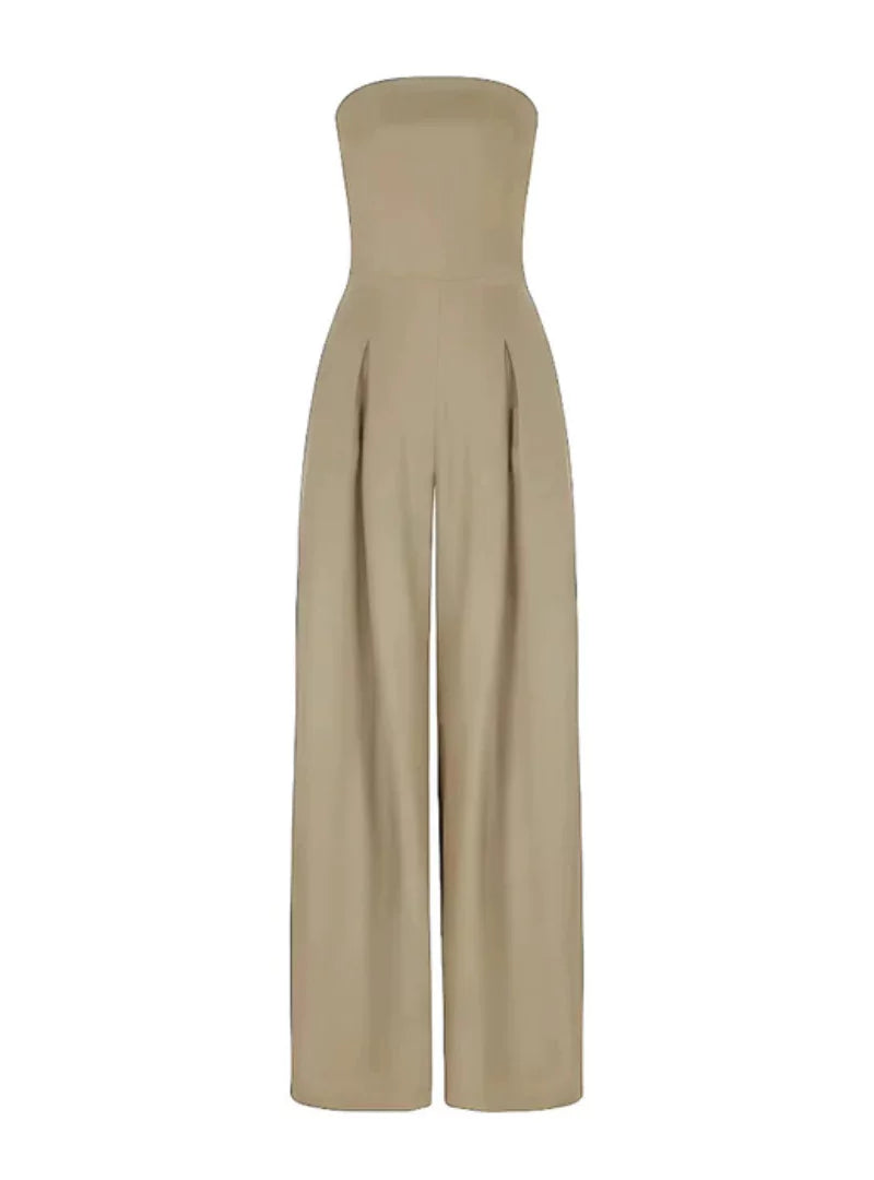 Elegant Strapless Wide Leg Jumpsuit for Women Navy Blue, Black & Beige, view 8 - Elena Harper