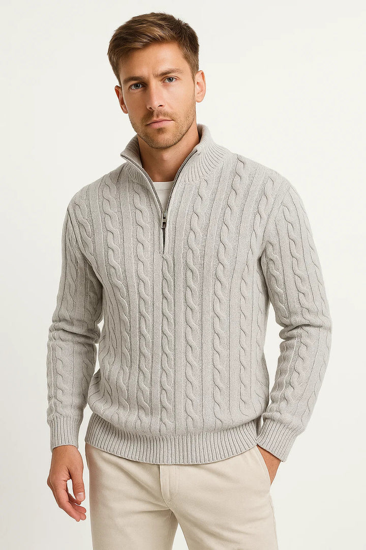 Konrad | Men's Spring Knit Sweater with Cable Pattern and Zipper at Collar