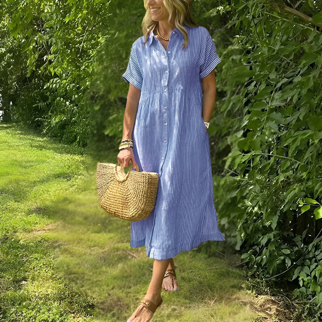 Elegant and Comfortable Striped Midi Dress for Women - Versatile Chic Style