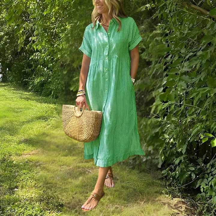 Elegant and Comfortable Striped Midi Dress for Women - Versatile Chic Style
