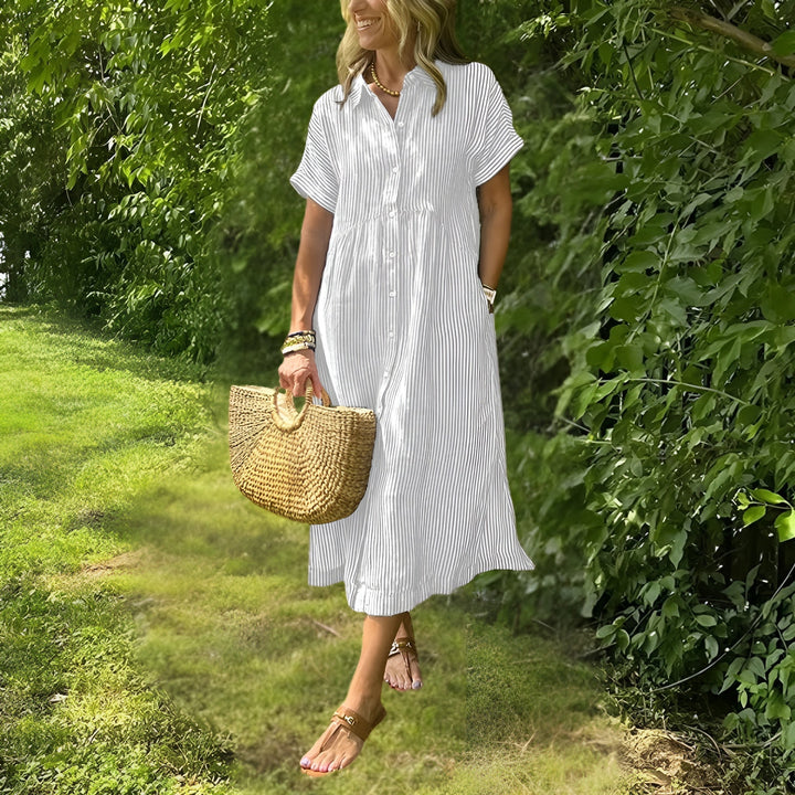 Elegant and Comfortable Striped Midi Dress for Women - Versatile Chic Style