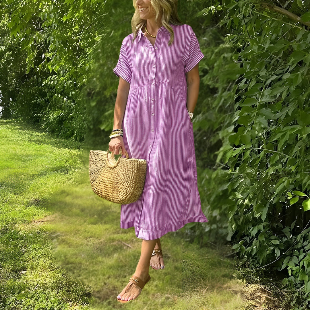 Elegant and Comfortable Striped Midi Dress for Women - Versatile Chic Style