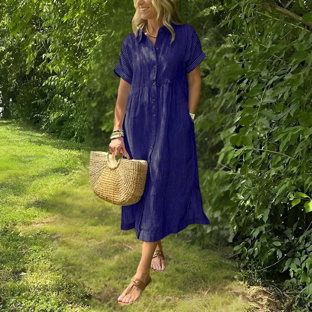 Elegant and Comfortable Striped Midi Dress for Women - Versatile Chic Style