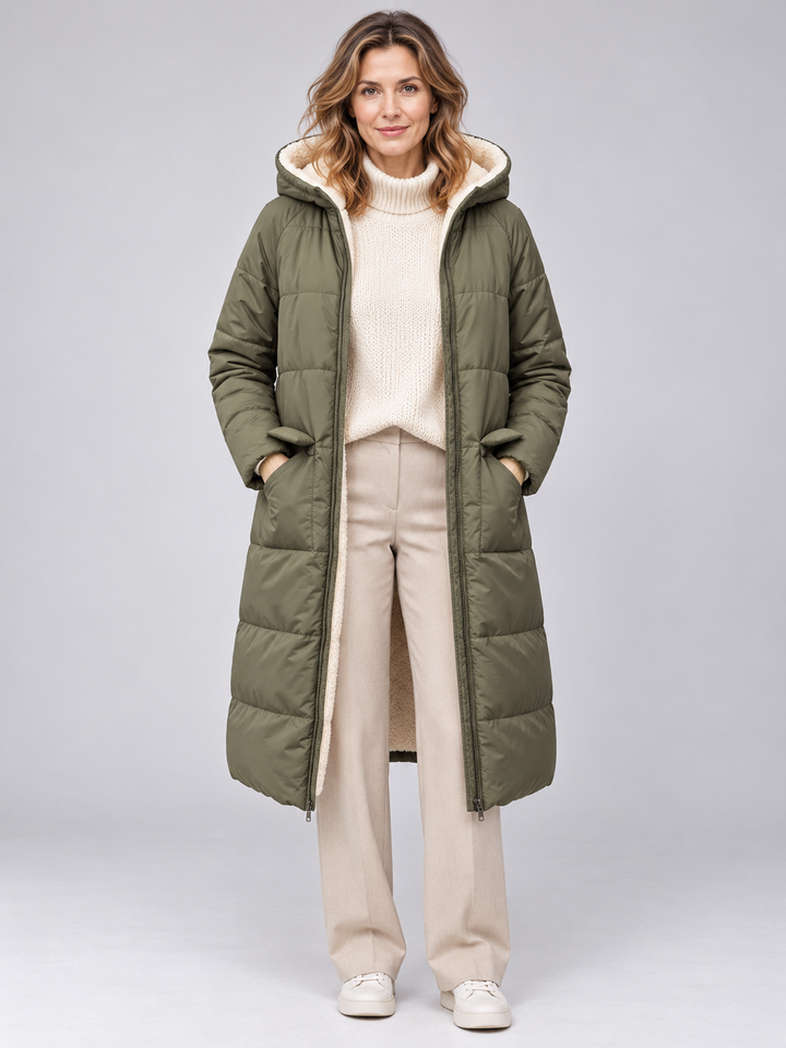 Women's Reversible Long Hooded Puffer Coat - Elena Harper