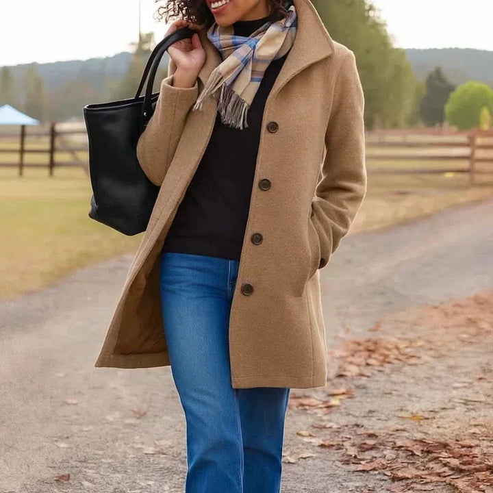 Elegant Long Buttoned Women's Coat with High Collar