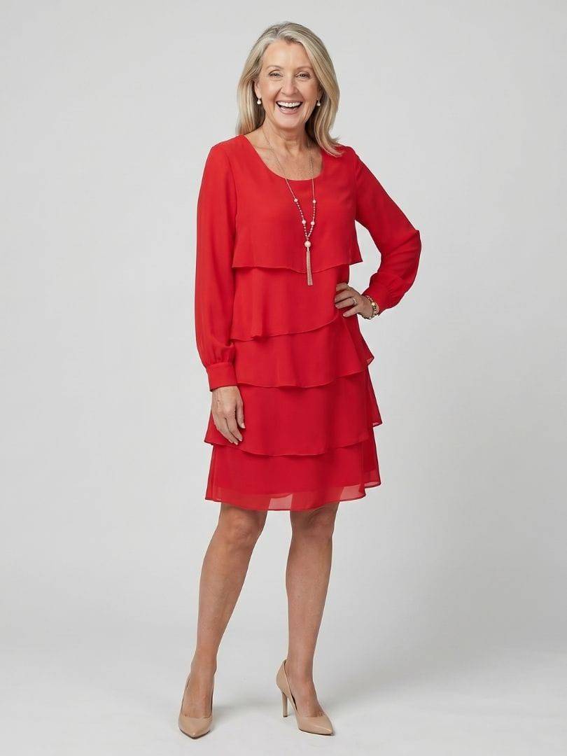 Kirax layered knee-length dress by Emma & Rose Cape Town featuring flowing fabric and a stylish, modern design.