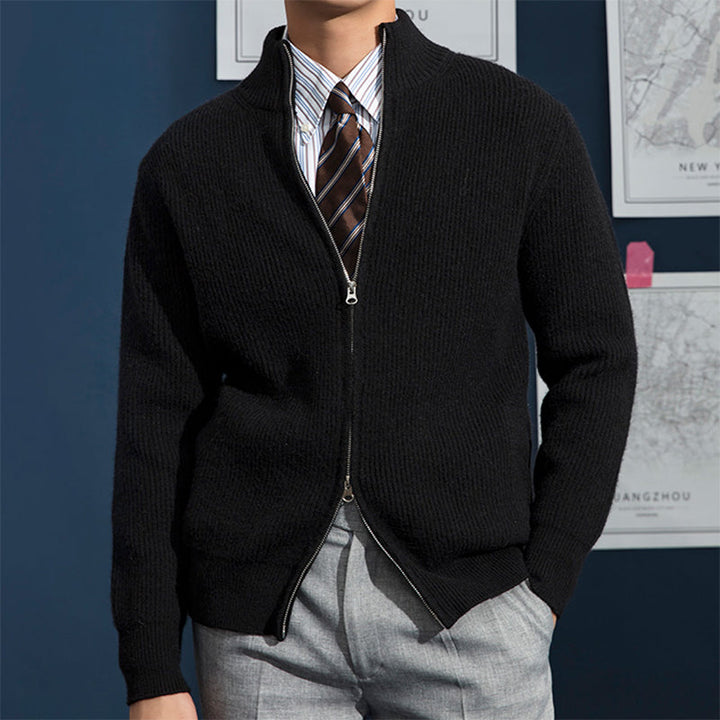 Men's Full Zip Ribbed Knit Sweater with Mock Neck