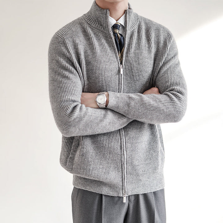 Men's Full Zip Ribbed Knit Sweater with Mock Neck