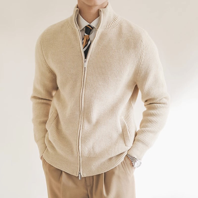 Men's Full Zip Ribbed Knit Sweater with Mock Neck