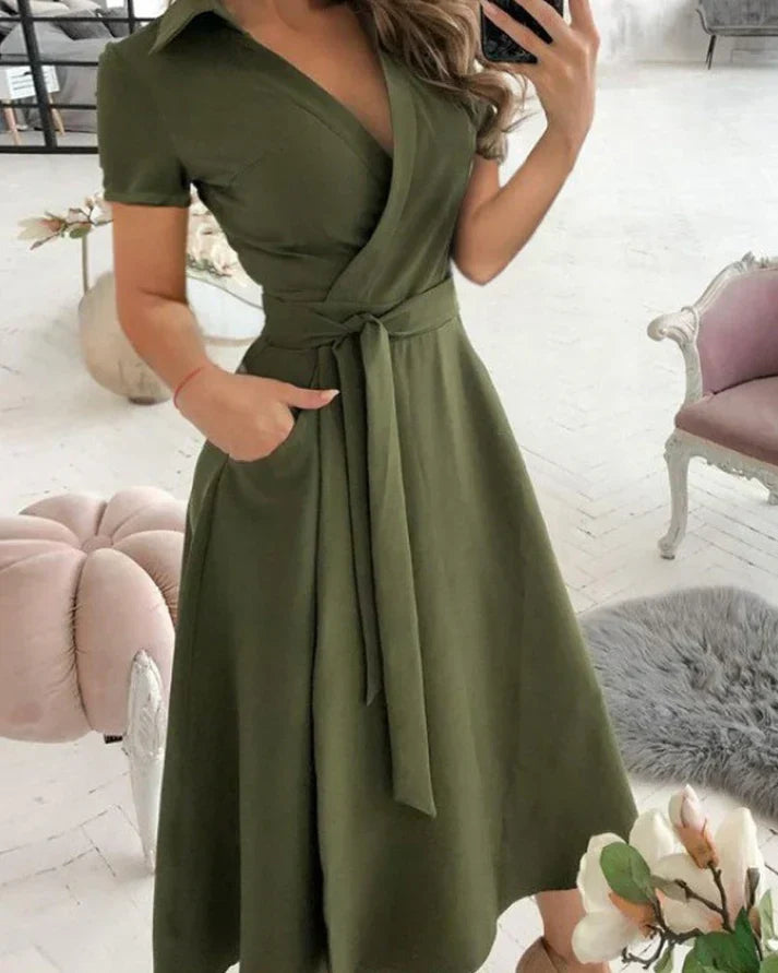 Women's Elegant V-Neck Midi Dress for Sophisticated Style