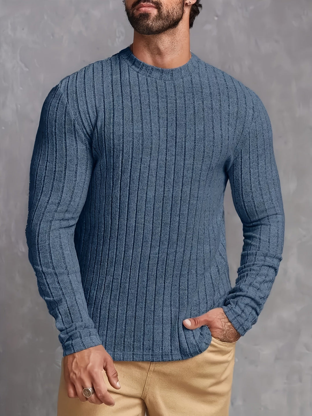 Men's Ribbed Sweater with Round Neck, Slim Fit