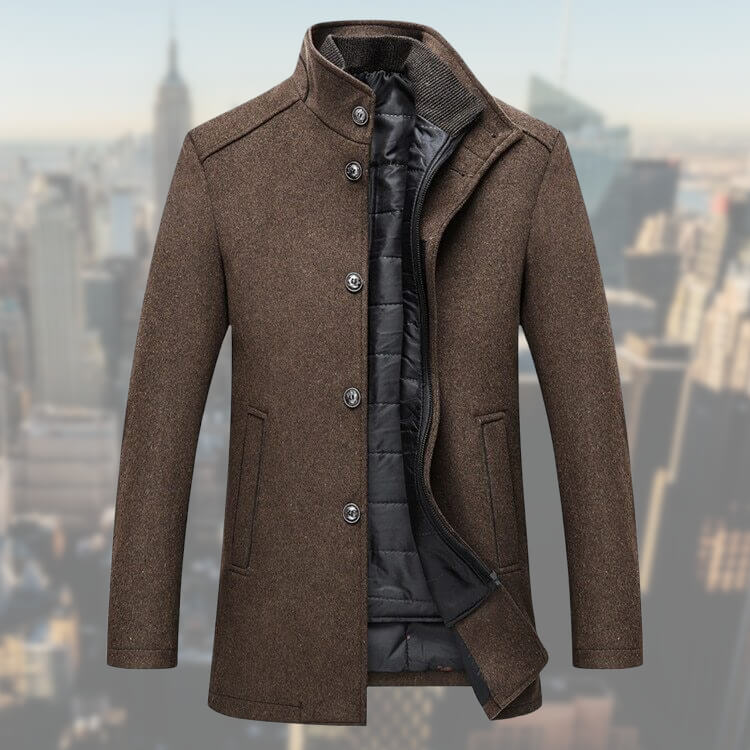 Men's Winter Coat in Wool Blend with Removable Vest – Mid-Length Overcoat