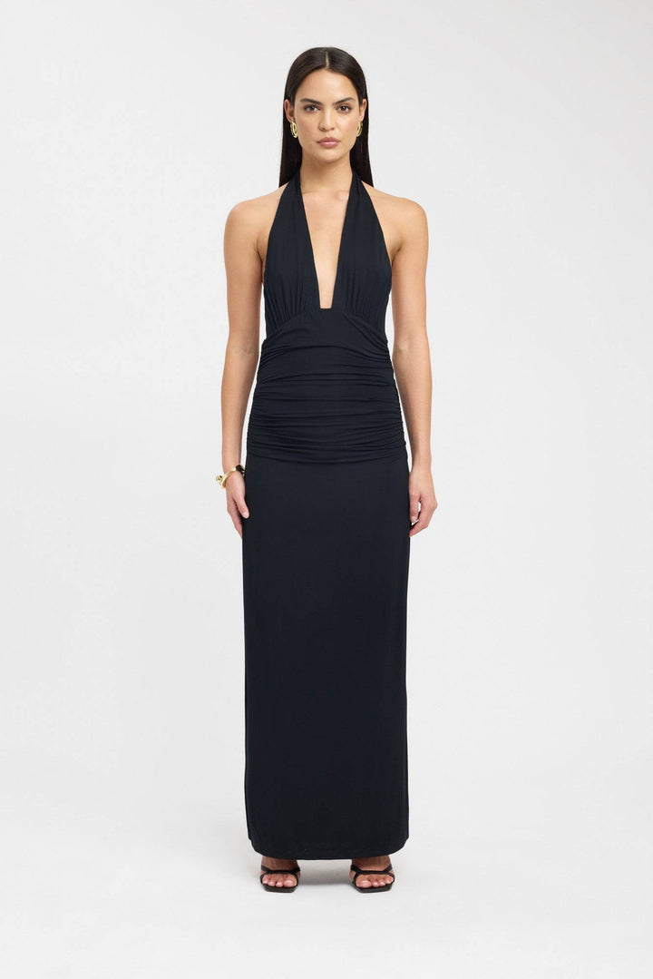 Black Serenya™ elegant maxi dress by Emma & Rose Cape Town, flowing fabric with a fitted bodice and full-length skirt.