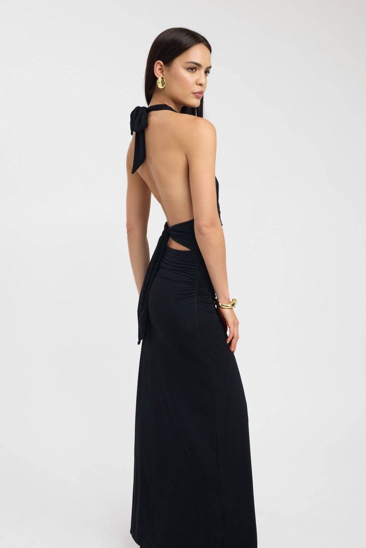 Elegant black Serenya™ maxi dress by Emma & Rose Cape Town, showing flowing fabric and stylish design.