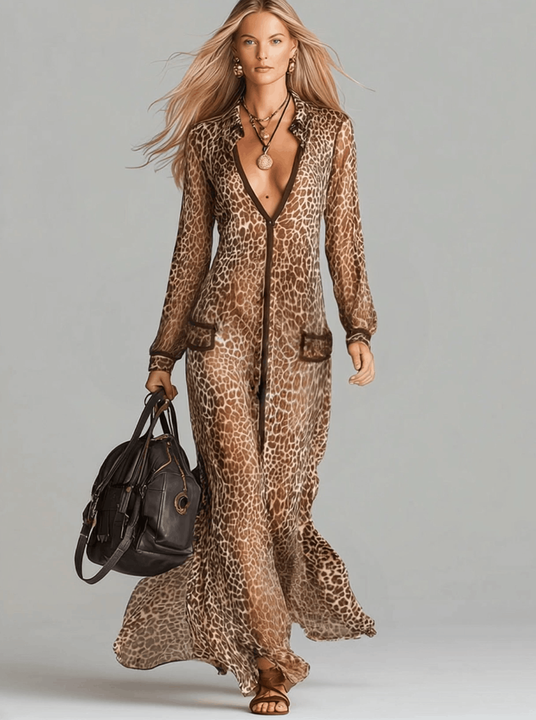 Fashionable And Elegant Brown Chiffon Leopard Print Long Sleeve Maxi Dress