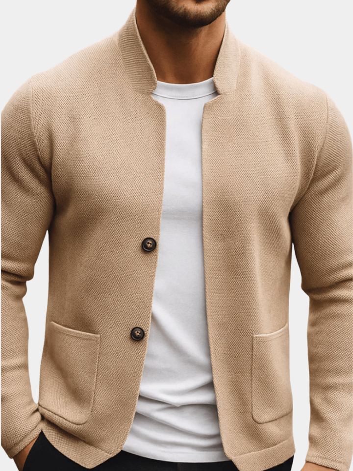 Men's Cardigan with Perkins Collar, Buttons, and Patch Pockets Alaric, view 3 - Elena Harper