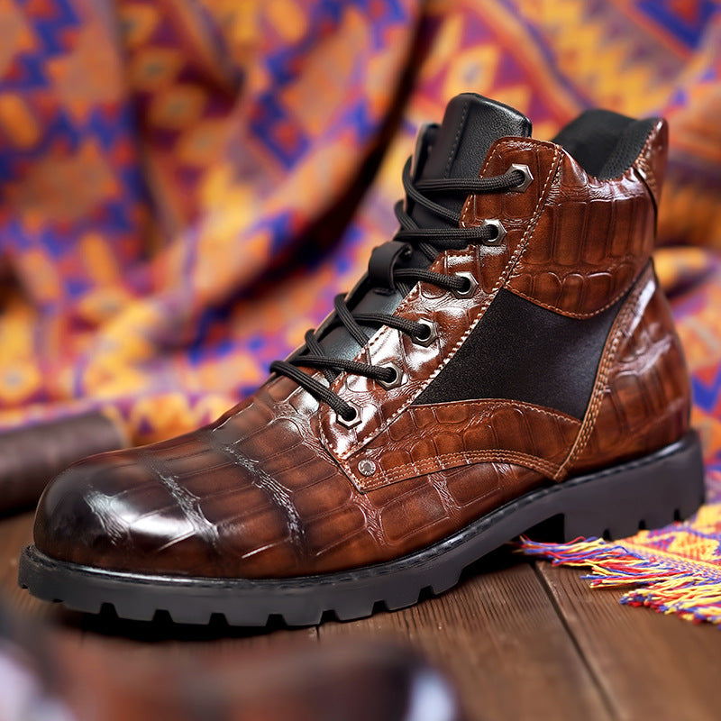 Men's Alligator Embossed Combat Ankle Boots, view 3 - Elena Harper