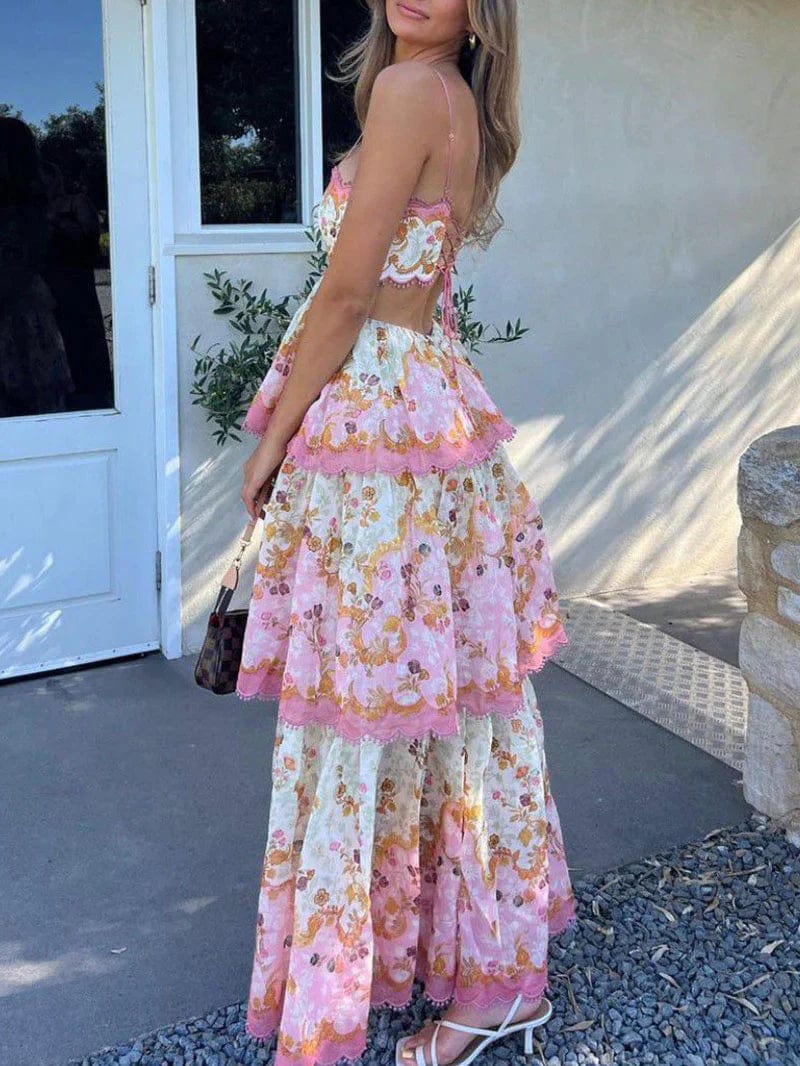 Long Bohemian Dress with Ruffles and Print