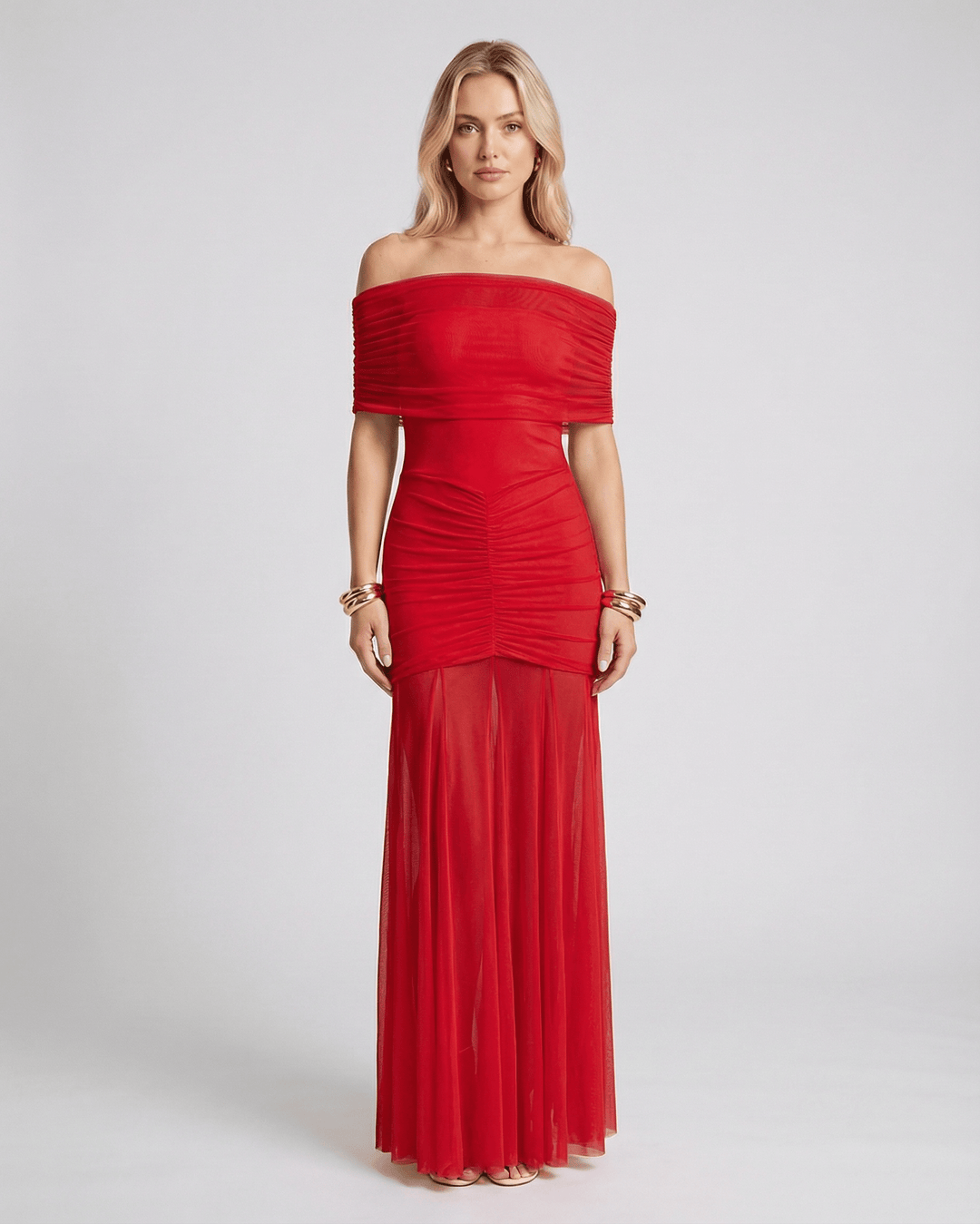 Off Shoulder Ruched Maxi Dress