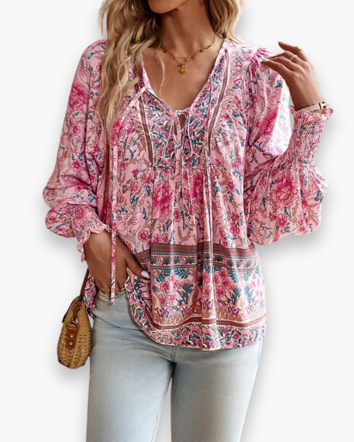 Flower Blouse with V-Neck for Women