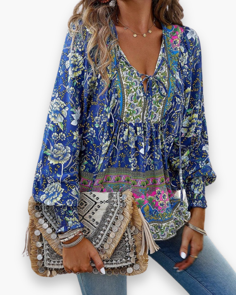 Flower Blouse with V-Neck for Women