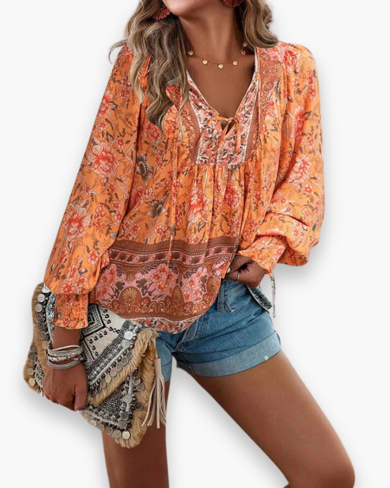 Flower Blouse with V-Neck for Women