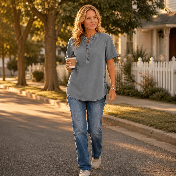 Avelyn Henley Tunic Top with Side Buttons for Women - Elena Harper