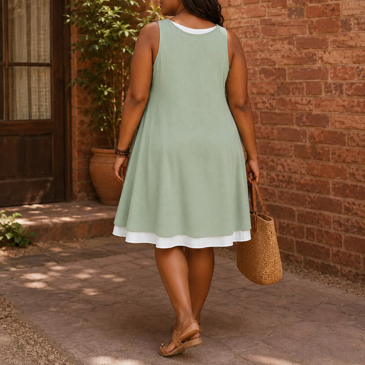 Breezella Layered Summer Swing Dress, Sleeveless Two-Piece-like Design, view 3 - Elena Harper