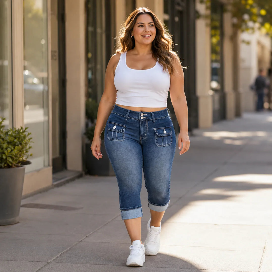 Curvella Curvy Fit Stretch Denim-like Capri Jeans, Mid Rise Cuffed Hem - Elena Harper