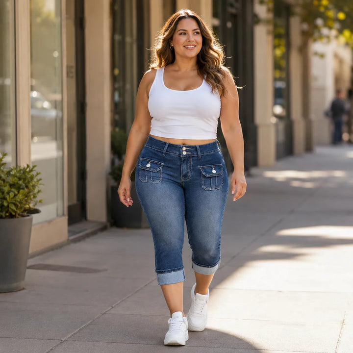 Curvella Curvy Fit Stretch Denim-like Capri Jeans, Mid Rise Cuffed Hem - Elena Harper