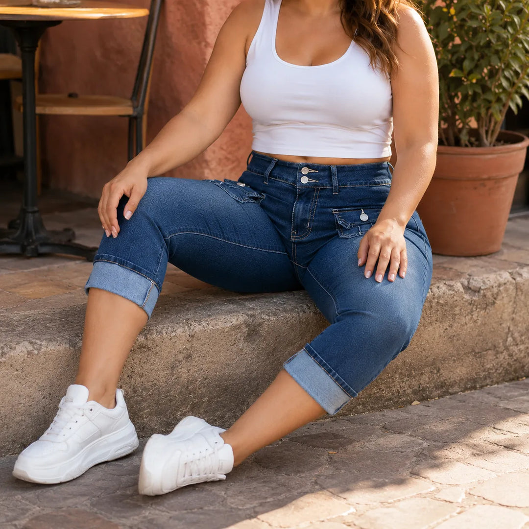 Curvella Curvy Fit Stretch Denim-like Capri Jeans, Mid Rise Cuffed Hem - Elena Harper