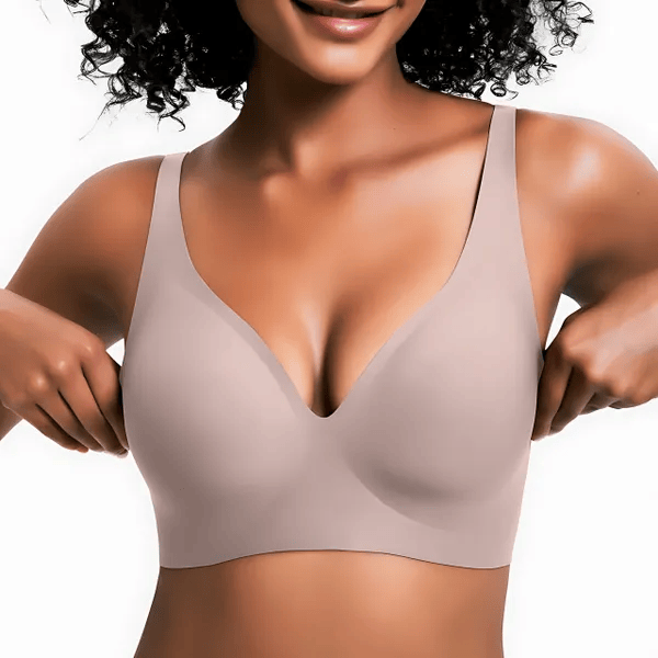 Lila Miela™ wireless jelly bra with V-neck design, soft nylon blend, comfortable fit, and supportive lift for women.