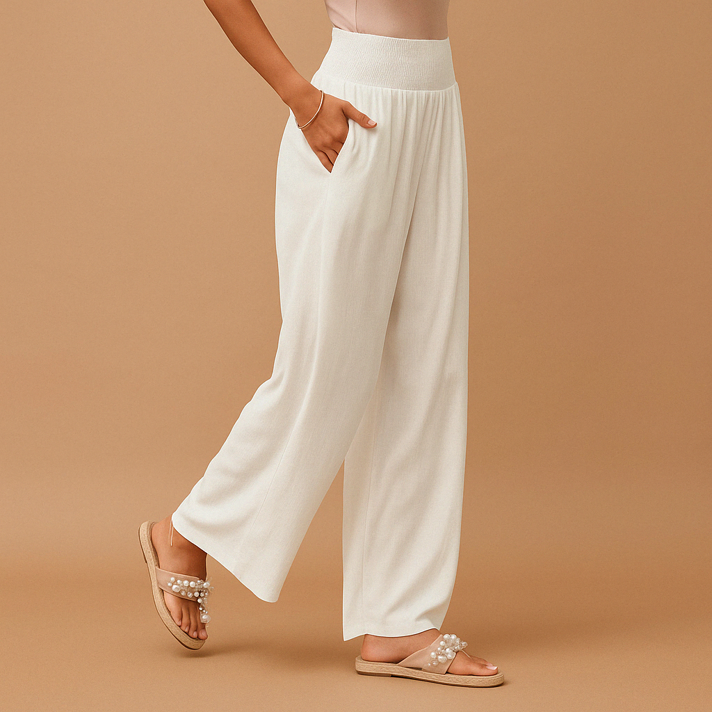High-Waisted Wide-Leg Pants with Smocked Elastic Waist