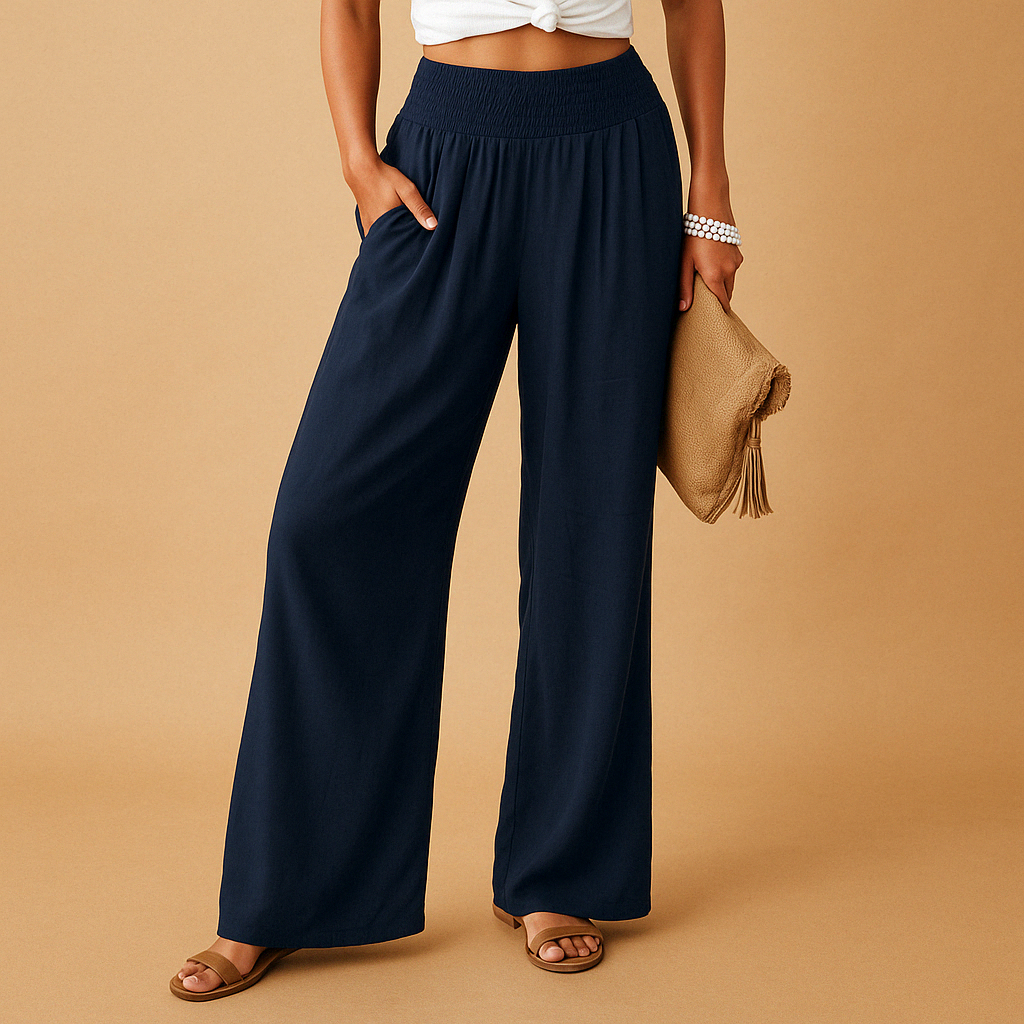 High-Waisted Wide-Leg Pants with Smocked Elastic Waist