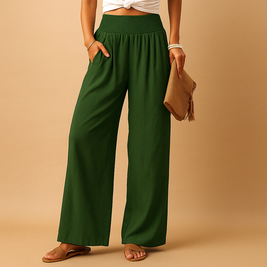 High-Waisted Wide-Leg Pants with Smocked Elastic Waist