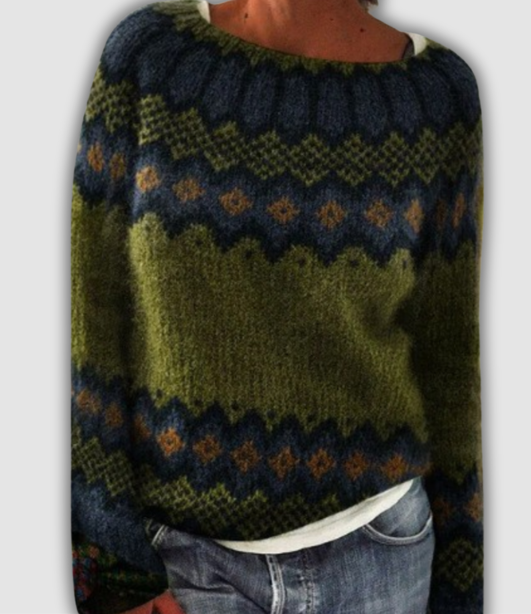 Emma & Rose Cape Town retro sweater paired with stylish loafers, showcasing a cozy and fashionable casual look.
