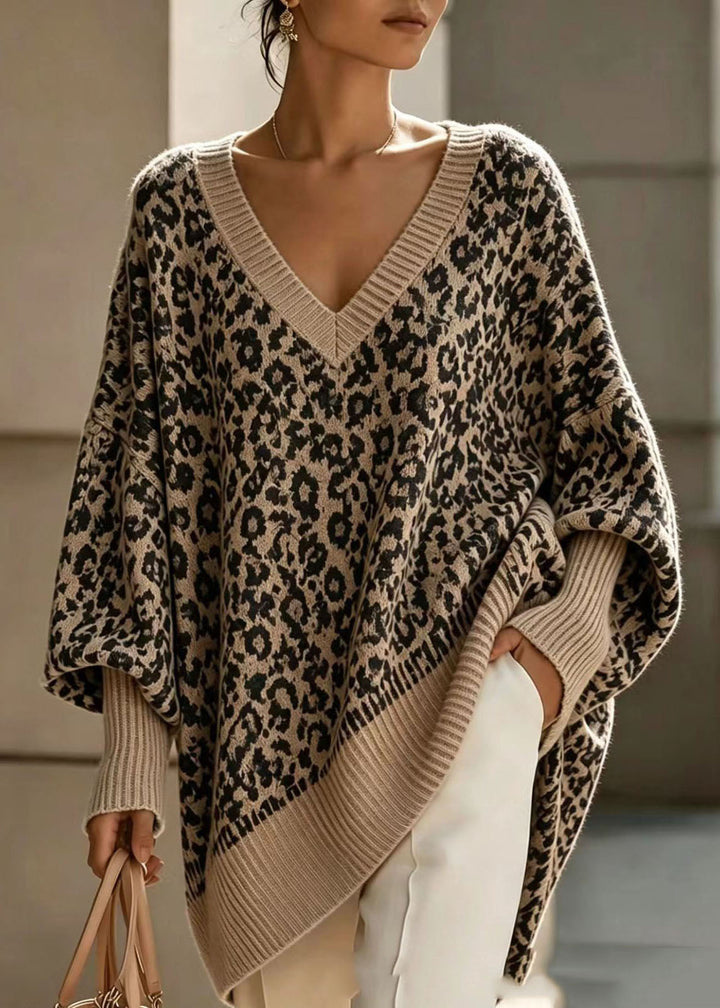 Women's Sweater with Leopard Print, V-Neck and Long Sleeves