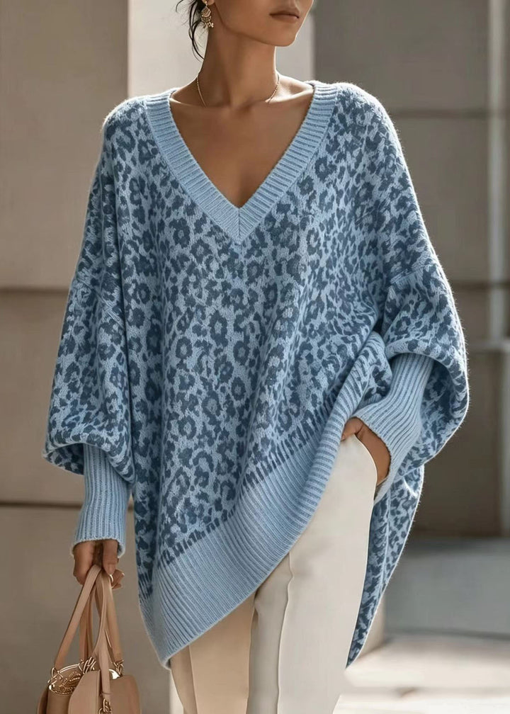 Women's Sweater with Leopard Print, V-Neck and Long Sleeves