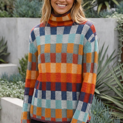 Women’s Turtleneck Sweater with Multicolour Check Pattern
