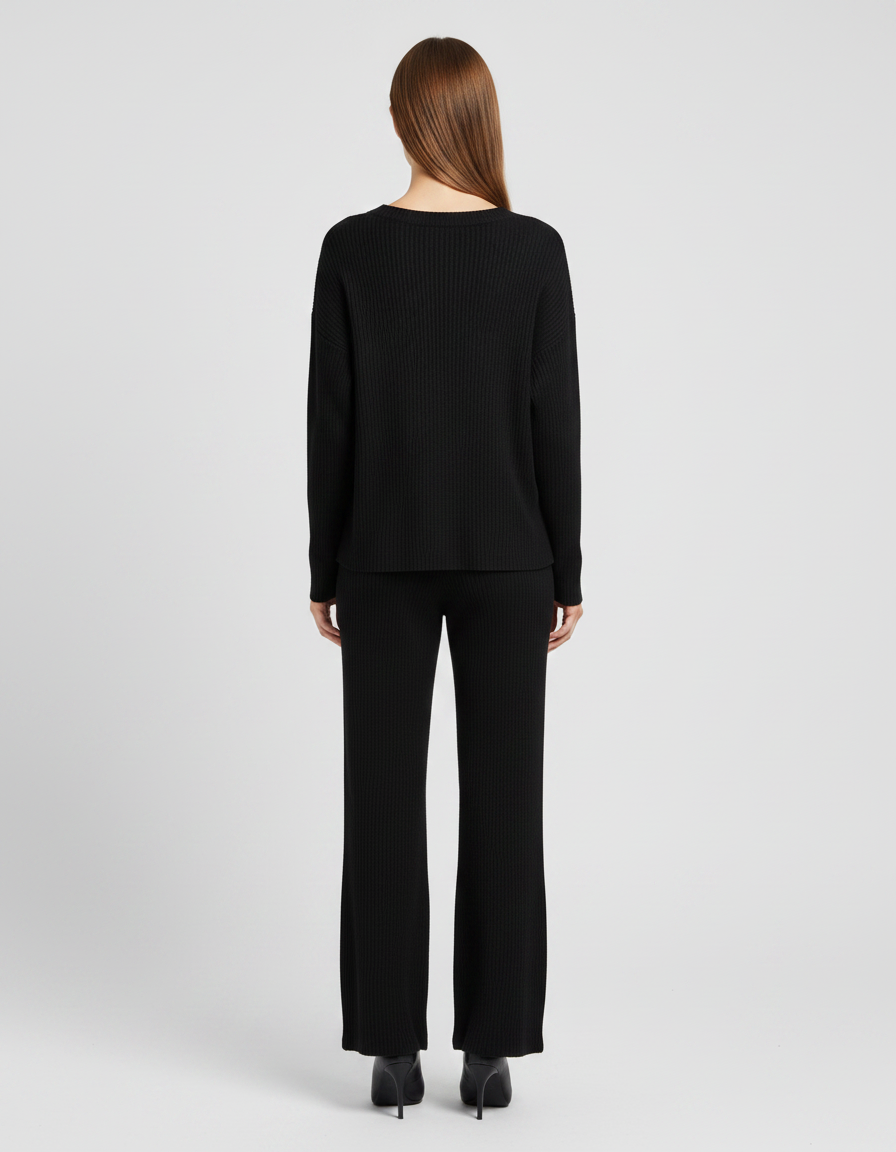 Black Knitted Two Piece Set Wide Leg