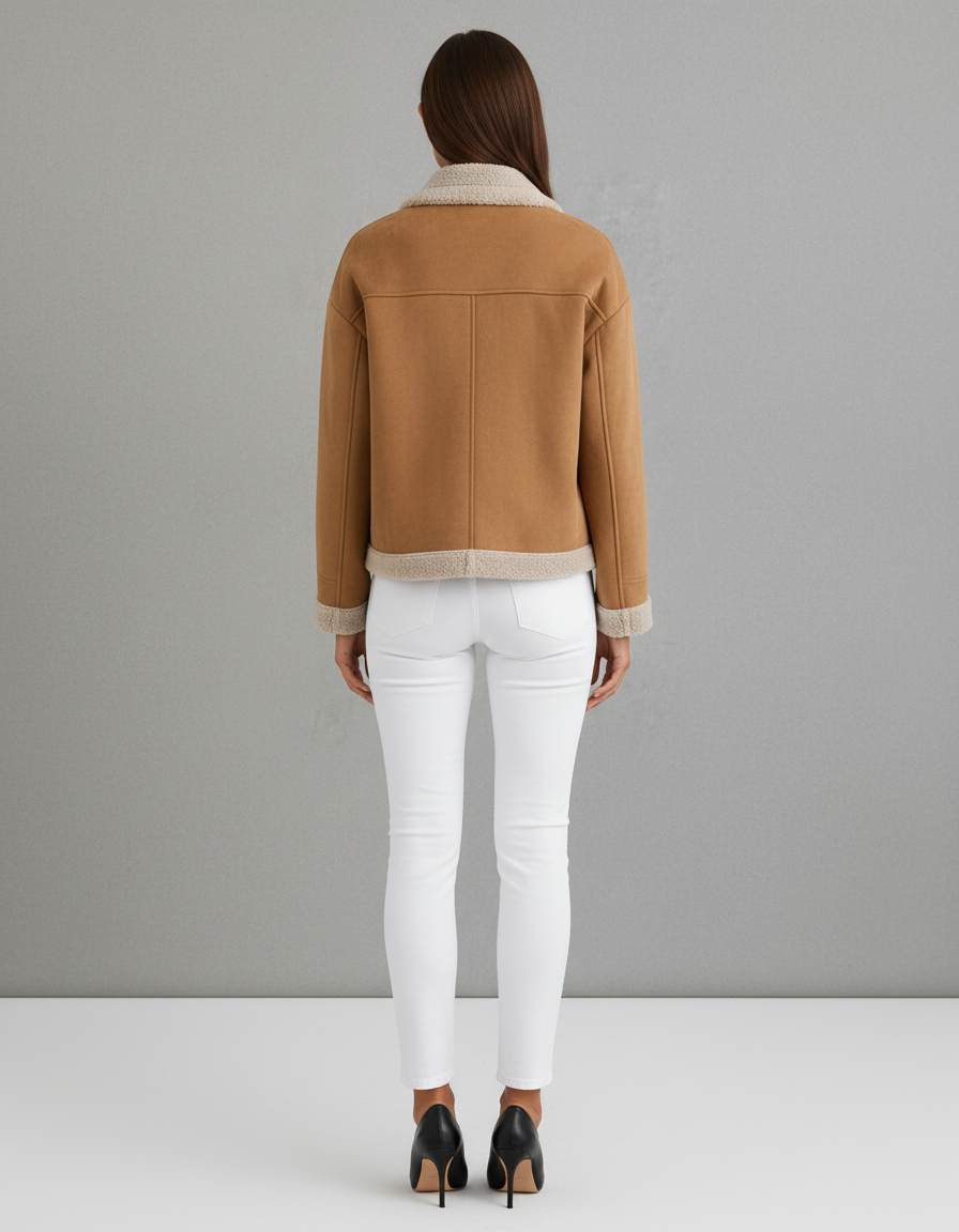 Beige Suede Look Teddy Jacket Sherpa Trim Winter