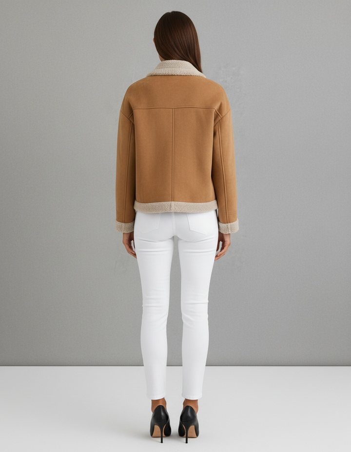 Beige Suede Look Teddy Jacket Sherpa Trim Winter