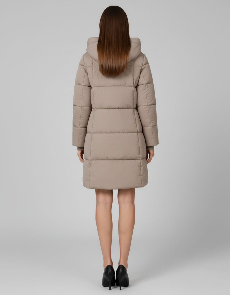 Khaki Hooded Puffer Coat Knee Length