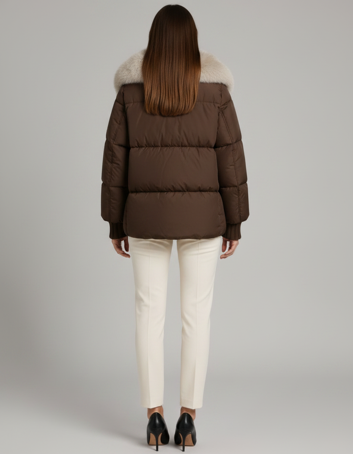 Brown Puffer Jacket Faux Fur Collar