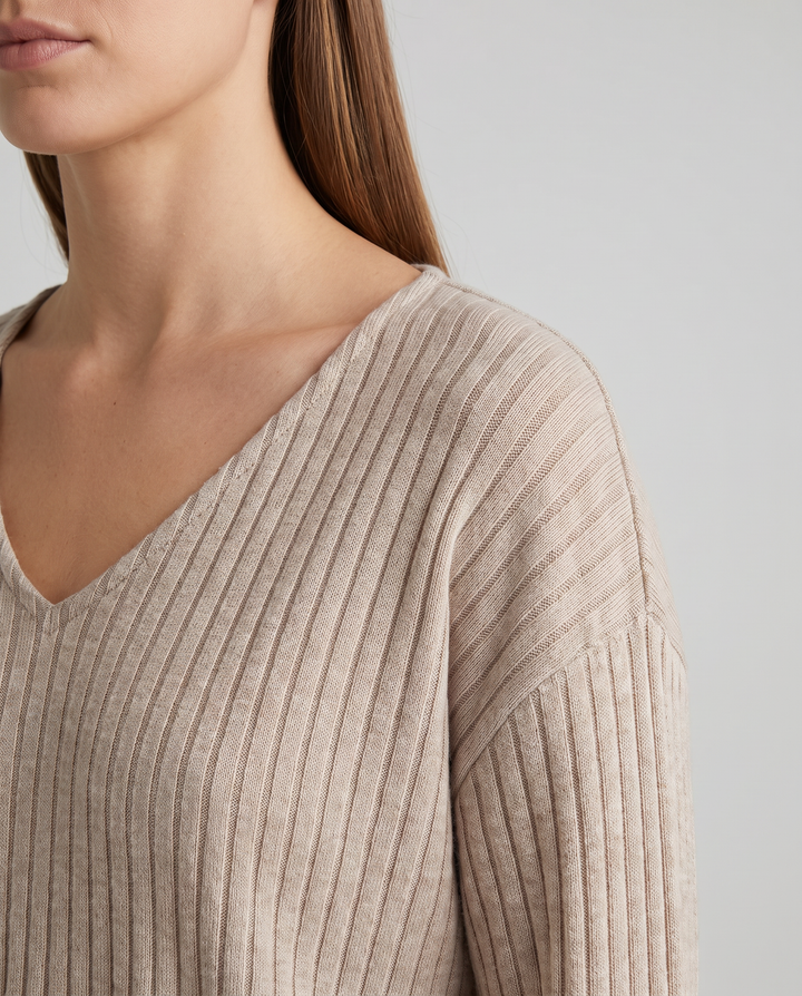 Beige Ribbed Knit Two Piece Set V Neck